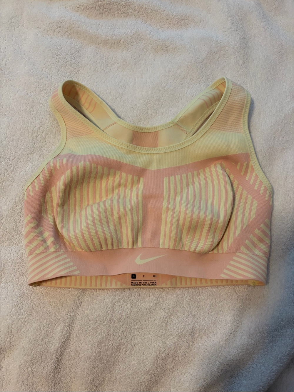Nike Pastel Pink and Soft Yellow Striped Performance Sports Bra